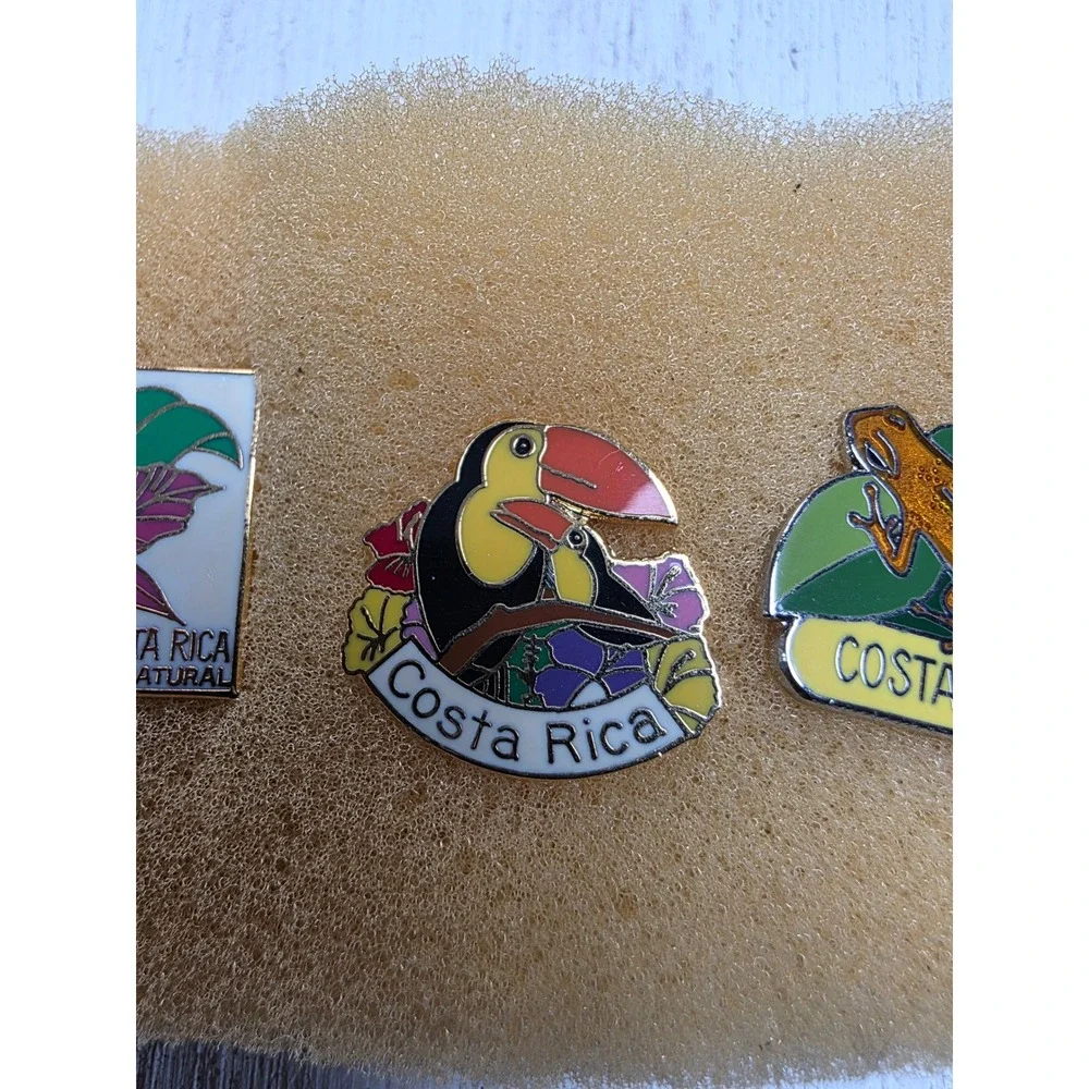 5 Costa Rica Enamel Lapel Pin Set Toucan Frog Orchid Oxcart Coat of Arm Souvenir